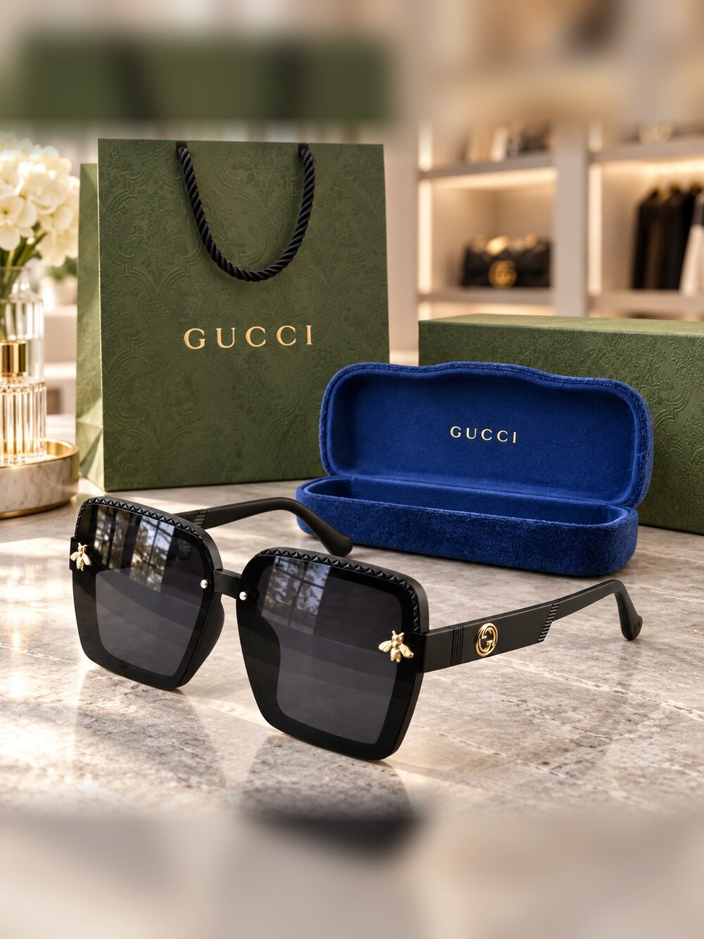 Gucci Black Square Bee Sunglasses - Picture 2 of 6